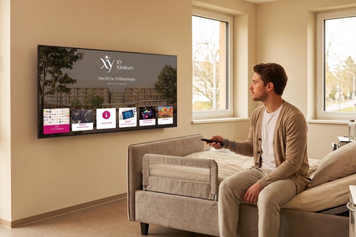 Patient mit Fernbedienung vor dem Wand-TV mit Klinik-Startbildschirm
