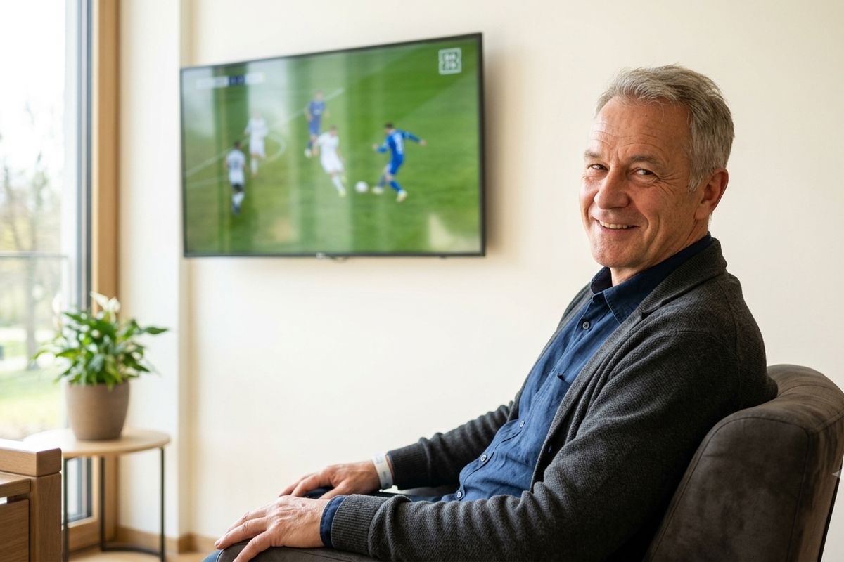 Älterer Herr im Sessel vor dem Wand-TV
